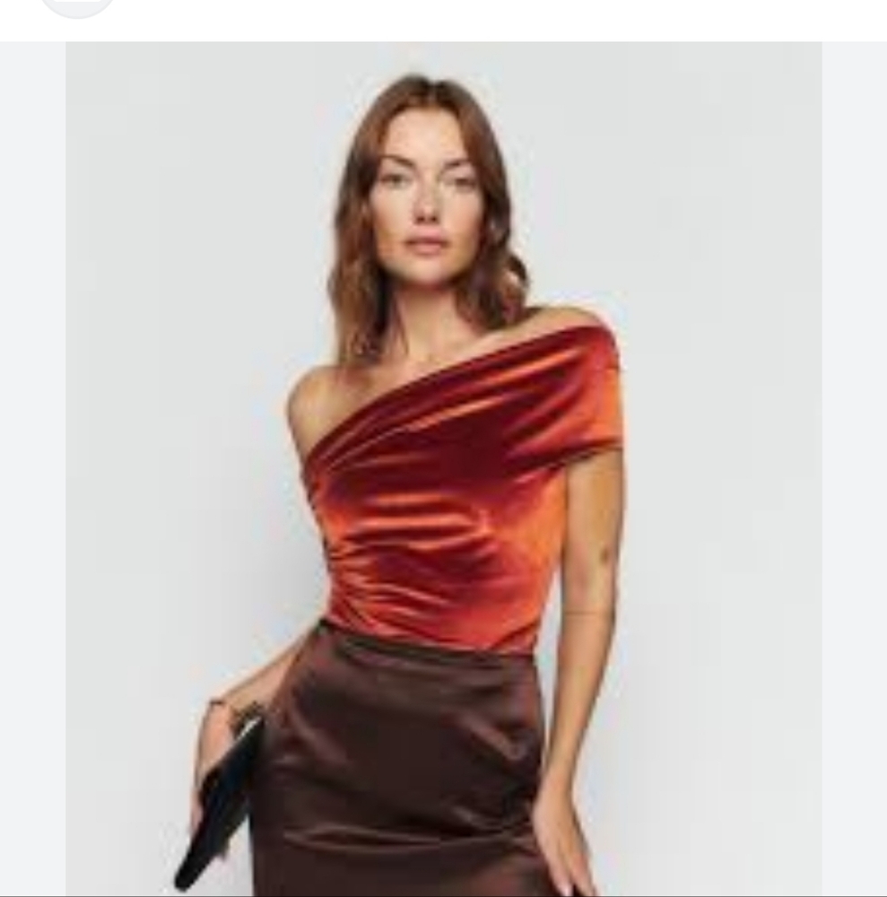 Reformation Orange and Brown Off-Shoulder Knit Top
